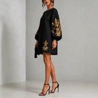 Black Linen Shift Mini Dress with Gold Leaf Embroidery Balloon Long Sleeves