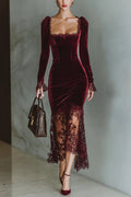 Women's Burgundy Velvet Lace Fitted Maxi Dress