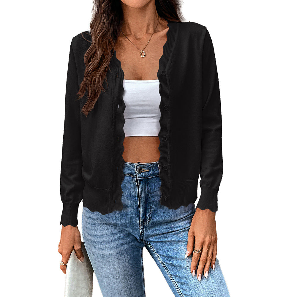Women's Scallop Trim V‑Neck Knit Cardigan