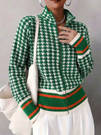 Women's Houndstooth Striped Zip Up Stand Collar Knit Cardigan