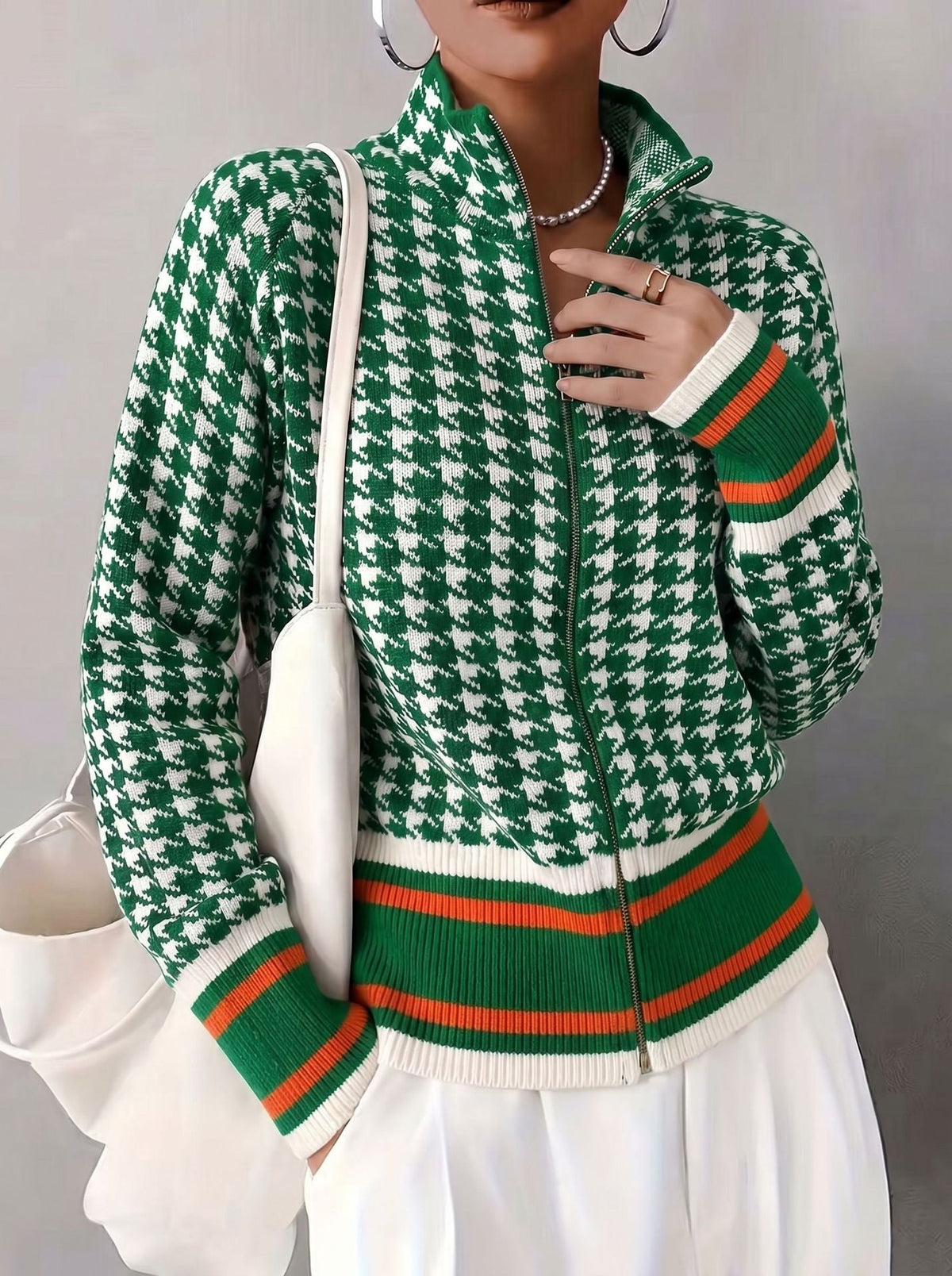 Women's Houndstooth Striped Zip Up Stand Collar Knit Cardigan