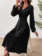 V?Neck Twist?Knot Waist Long?Sleeve Midi Dress