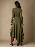 Mock Neck Wrap Dress with Asymmetric Ruffle Hem