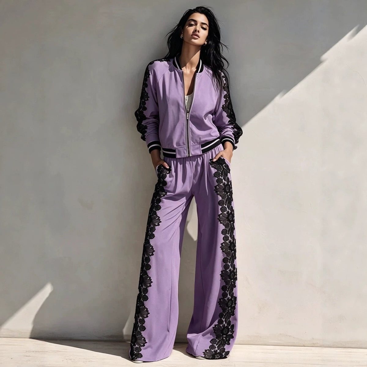 Bomber Jacket & Wide?Leg Pants Two?Piece Set with Black Lace Trim