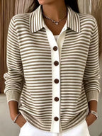 Women's Green?White Stripe Collared Button Front Knit Cardigan