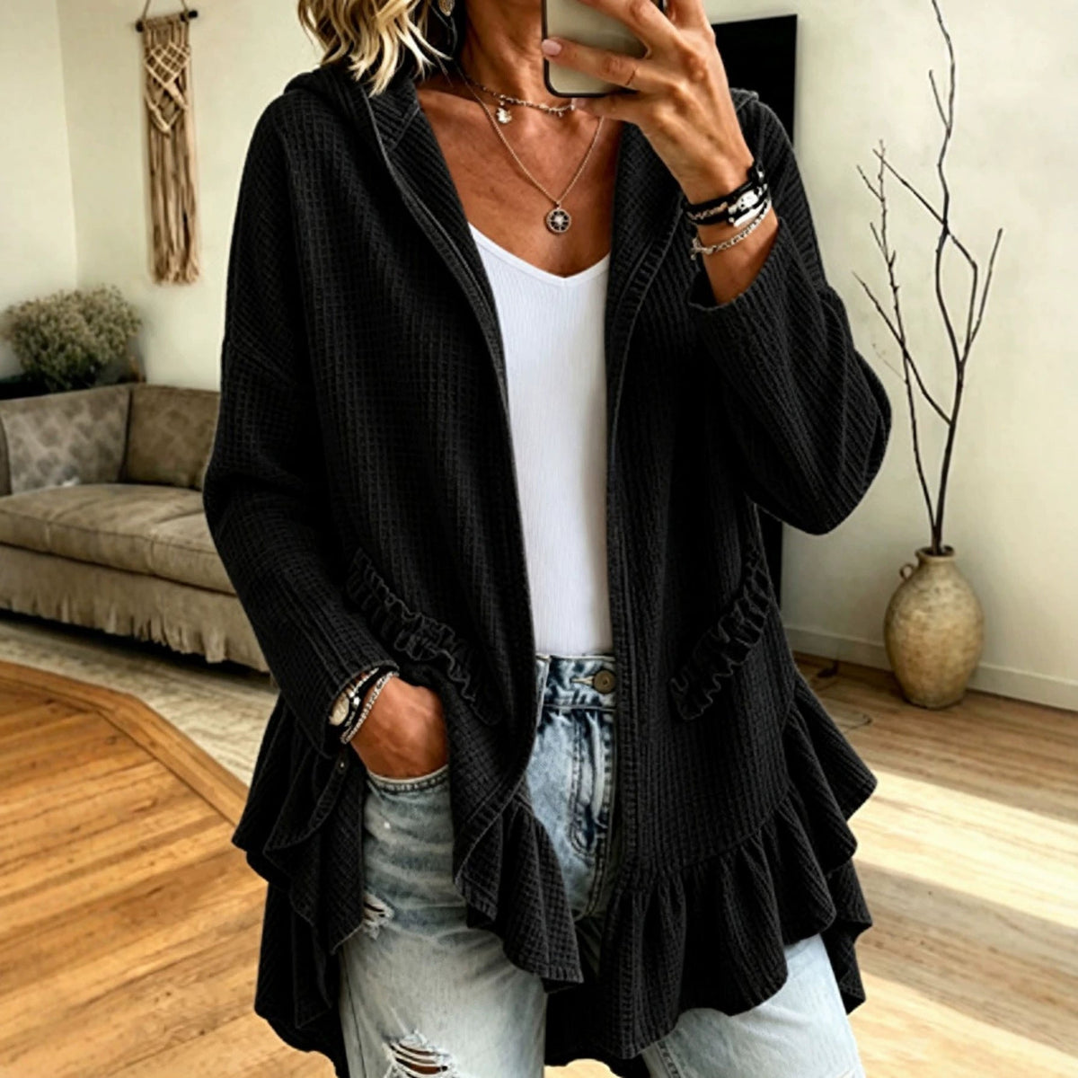 Ruffle Hooded Cardigan – Oversized Knit Open-Front Hoodie