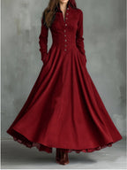 Women's Vintage Stand‑Collar Button‑Front Maxi Dress