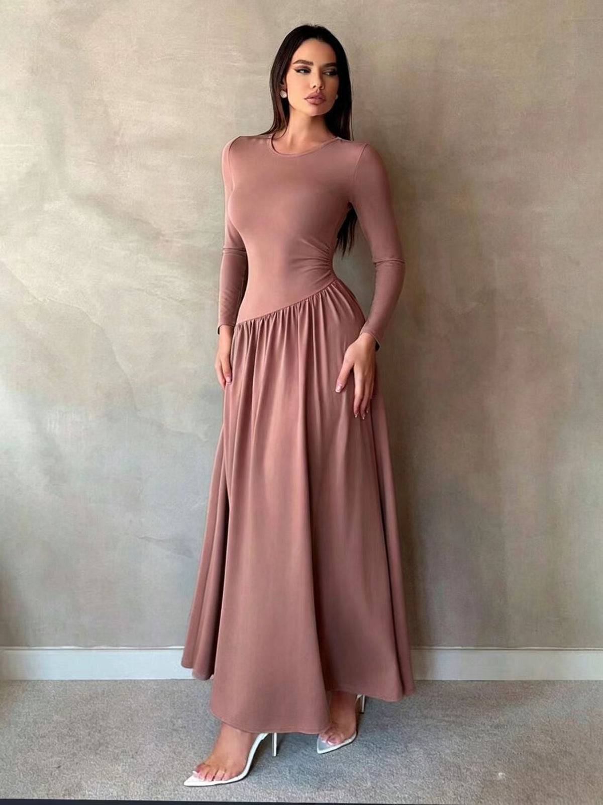 Ruched Waist Long Sleeve Maxi Dress