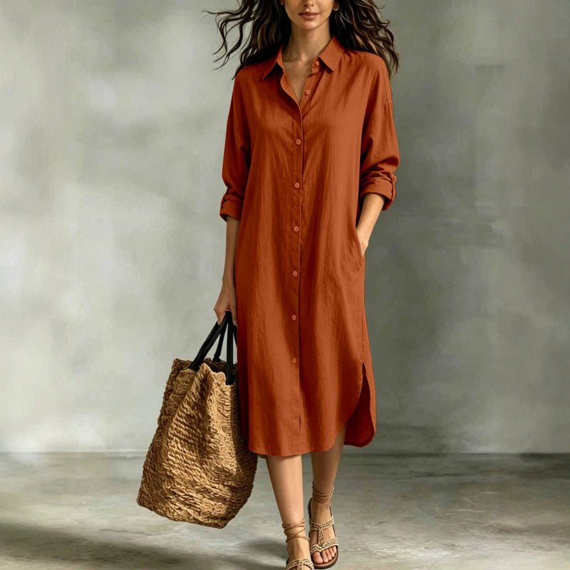 Oversized Linen?Blend Shirt Midi Dress