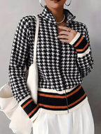 Women's Houndstooth Striped Zip Up Stand Collar Knit Cardigan