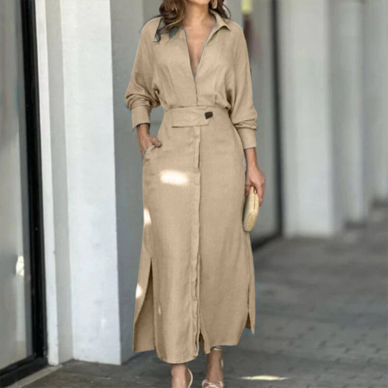 Collared Waist‑Tab Shirt Maxi Dress