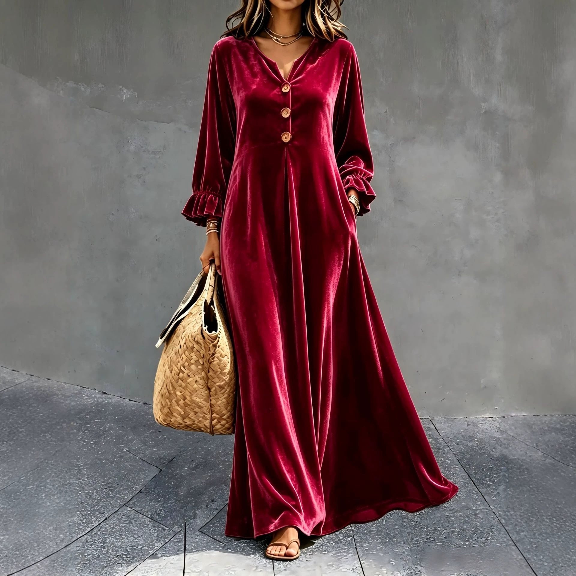 Women's V‑Neck Velvet Ruffle Cuff Maxi Dress