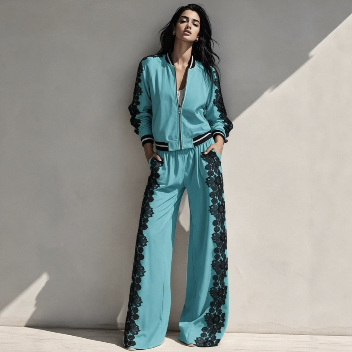 Bomber Jacket & Wide?Leg Pants Two?Piece Set with Black Lace Trim