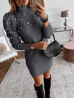 Turtleneck Pearl?Embellished Puff?Sleeve Knit Mini Dress
