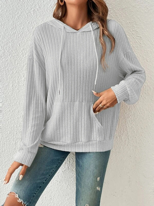 Ribbed Knit Drawstring Hoodie with Kangaroo Pocket