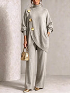 Turtleneck Gold?Button Asymmetric Knit Tunic & Wide-Leg Pants Two-Piece Set