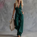 Women's Shirt-collar Sleeveless Wide-leg Jumpsuit