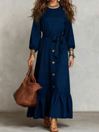 Button?Front Tie?Waist Tiered Ruffle Maxi Dress