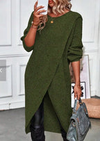 Round Neck Long Sleeve Wrap Asymmetrical Hem Knit Midi Cardigan
