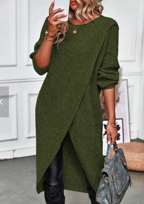 Round Neck Long Sleeve Wrap Asymmetrical Hem Knit Midi Cardigan