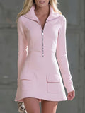 Women's Half‑Zip Stand Collar Long Sleeve Cargo Pocket Mini Dress