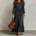 Button?Front Tie?Waist Tiered Ruffle Maxi Dress