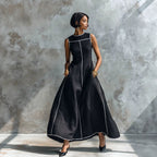Contrast Stitching Sleeveless Linen Maxi Dress