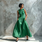 Contrast Stitching Sleeveless Linen Maxi Dress