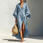 Linen?Blend V?Neck Kaftan Maxi Dress
