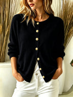 Crew Neck Gold?Button Ribbed Knit Cardigan