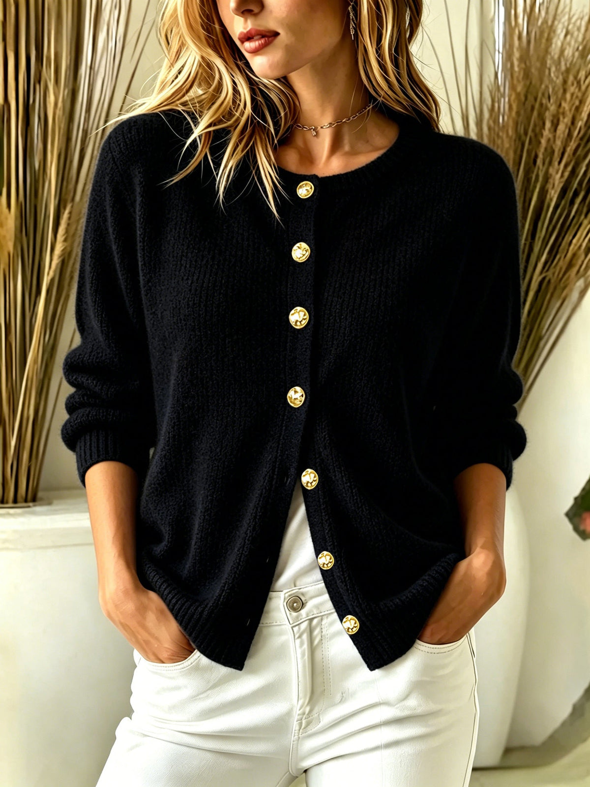 Crew Neck Gold?Button Ribbed Knit Cardigan