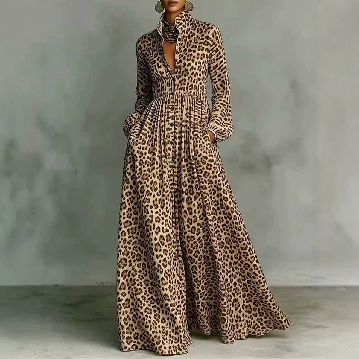 Leopard Print Shirt Maxi Dress
