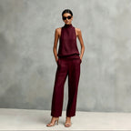 Women's Elegant Cotton And Linen Round-neck Sleeveless Top And Trousers Set