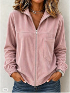 Women's Full Zip Stand Collar Corduroy Long Sleeve Jacket With Pocket