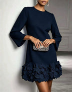 Black Round Neck 3D Floral Ruffle Hem Mini Dress