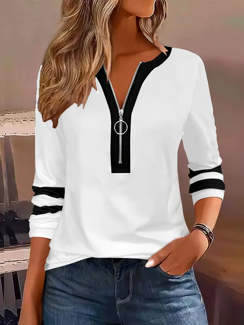 Color‑Block Half‑Zip 3/4 Sleeve Casual Top