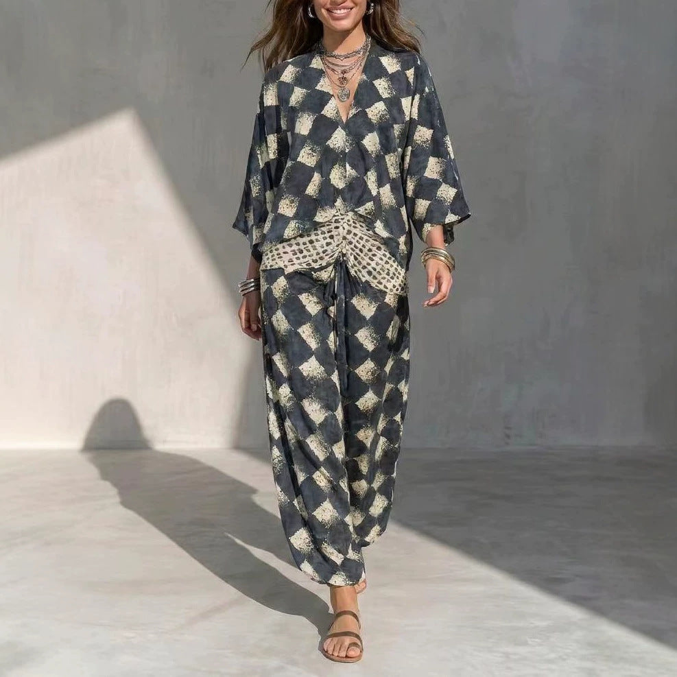 Geometric Print V?Neck Kimono Sleeve Top & Wide?Leg Pants Two?Piece Set