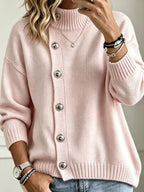 Women's Stand Collar Button Front Knit Sweater, Long Sleeve Loose Casual Pullover Jumper