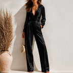 Satin Surplice V‑Neck Long Sleeve Waist‑Tied Wide Leg Elegant Jumpsuit With Pockets