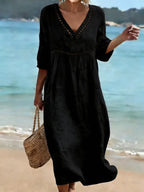 Linen-Blend Hollow Out Trim Midi Beach Dress