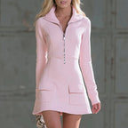 Women's Half‑Zip Stand Collar Long Sleeve Cargo Pocket Mini Dress