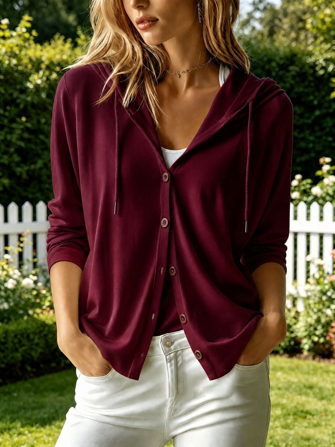 Women'S Hooded Solid Color Long-Sleeved Loose Twist-Button Cardigan