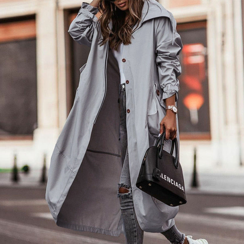 Oversized Hooded Long Trench Coat, Button Front Loose Fit Outerwear With Large Pockets And Adjustable Cuffs For Casual Daily Wear