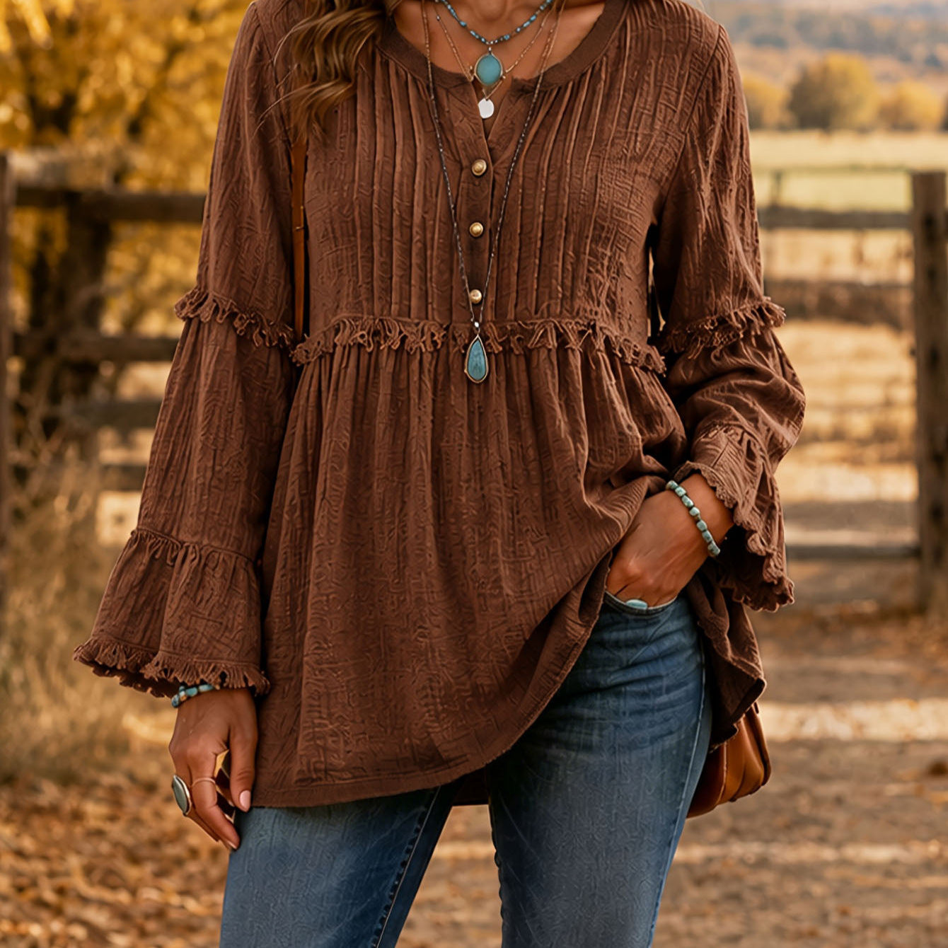 Boho Ruffle Bell Sleeve Tunic Casual  Blouse