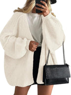 Women's Solid Color Chunky Knit Open Front Lantern Sleeve Mid-Length Cardigan