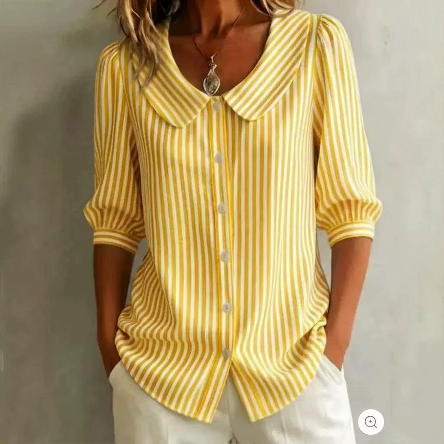Striped Peter Pan Collar Puff Short Sleeve Blouse