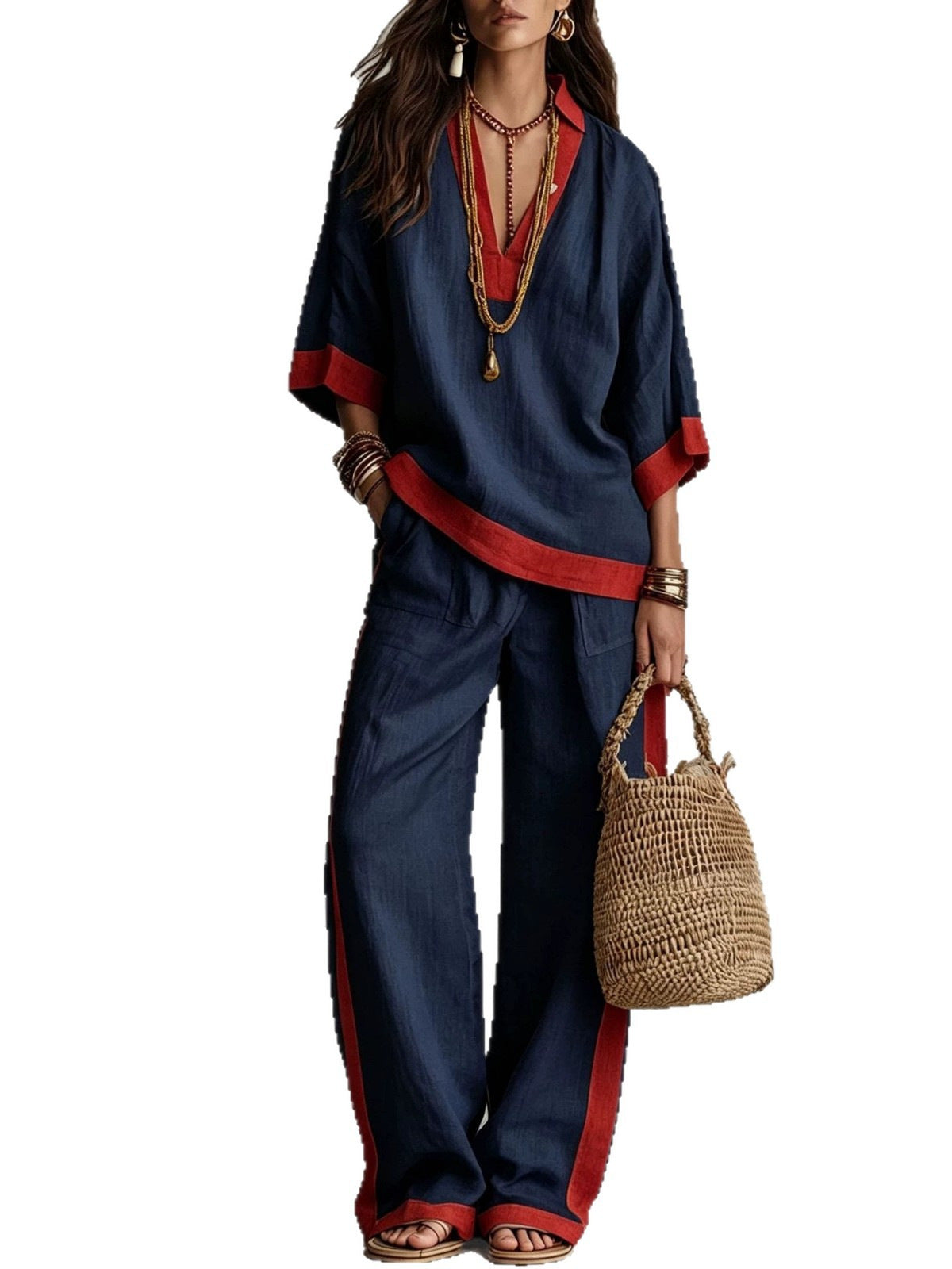 Contrast Trim Linen Two Piece Set