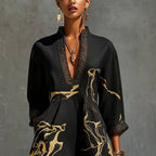 Black Gold Printed V-neck Crochet Lace Mini Dress
