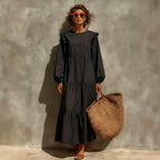 Women's Solid Emerald Green Ruffle Shoulder Tiered Long?Sleeve Maxi Dress