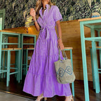 Fashionable Striped Print Short-Sleeved Loose Maxi Dress